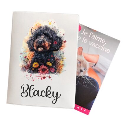 protège carnet de santé caniche noir et fleurs